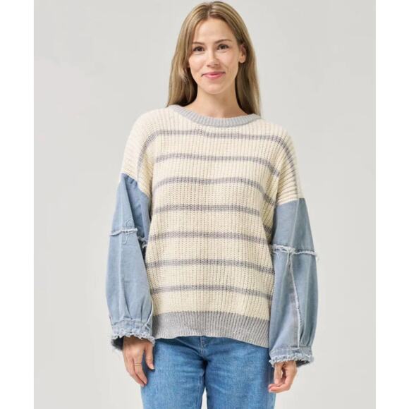 Dreamers by Debut Cream Gray Stripe Sweater with Denim Sleeves – Size XL - Picture 8 of 8